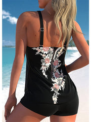 Women's Swimwear Tankini 2 Piece Plus Size Swimsuit Open Back Circle Flower Black Rosy Pink Purple Padded V Wire Bathing Suits New Vacation Casual