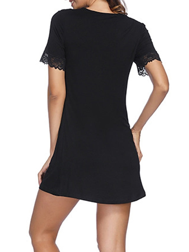 Women's Casual Dress Night Dress Mini Dress Casual Cozy Lace Solid Colored V Neck Home Lounge Navy Black