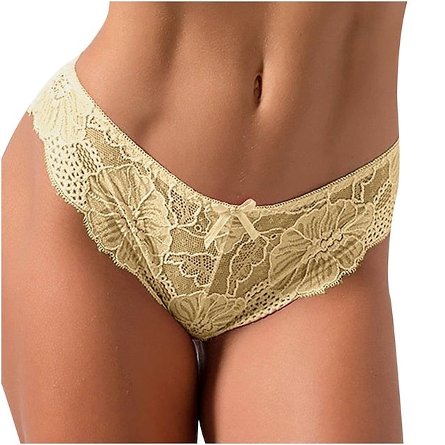 [3 Packs] Women Sexy Thong Panties Full Lace Cute Bowknot Low Waisted Seamless Bikini Briefs Comfy Underwear