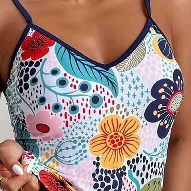 Women's Swimwear Tankini 2 Piece Normal Swimsuit Water Sports Open Back string Print Floral Tropical Blue Camisole Padded V Wire Bathing Suits New Vacation Casual