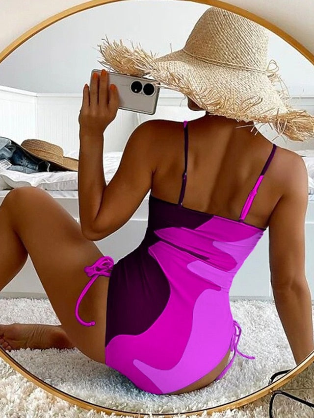 Women's Swimwear One Piece Normal Swimsuit Printing Color Block Blue Purple Brown Green Bodysuit High Neck Bathing Suits Sports Summer