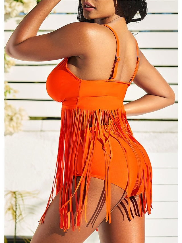 Women's Swimwear Tankini 2 Piece Normal Swimsuit Tassel Open Back Pure Color Blue Fuchsia Orange Black Tunic V Wire Bathing Suits New Vacation Fashion / Modern / Padded Bras