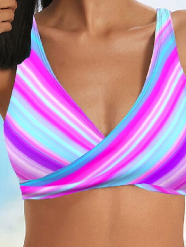 Women's Swimwear Bikini 2 Piece Normal Swimsuit High Waisted Striped Purple Padded V Wire Bathing Suits Sports Vacation Sexy / New