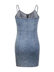 Women's Denim Bodycon Mini Dress with Pockets - Sleeveless Zippered Sheath for Summer
