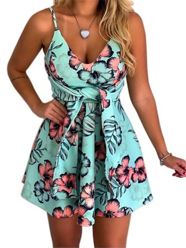 Women‘s Boho Elegant Mini Sleeveless Floral Lace up V Neck Vacation Dresses