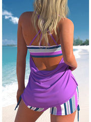 Women's Swimwear Tankini 2 Piece Normal Swimsuit 2 Piece Printing Striped Purple Bathing Suits Sports Beach Wear Summer
