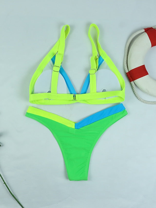 Women's Swimwear Bikini 2 Piece Normal Swimsuit Splice Adjustable Solid Color Color Block Green Blue Rose Red Padded Strap Bathing Suits New Sexy Hawaiian / Padded Bras / Slim