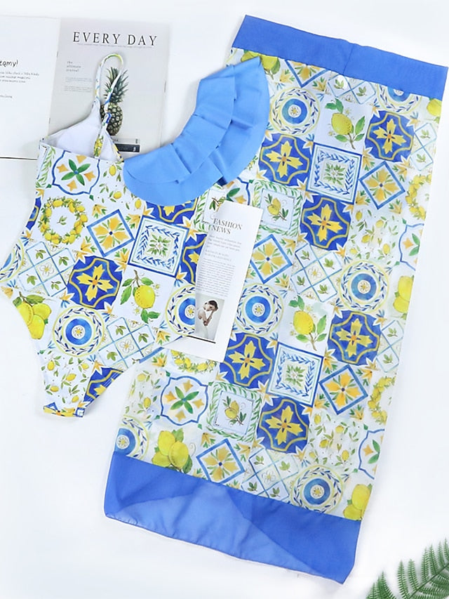 Women's Tankini Monokini Bathing Suit 2-Piece Ruffle Floral Print Padded Strap Pink Blue Retro