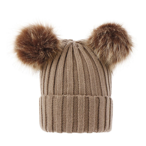 Winter Warm Women and Kids Knitted Crochet Wool HatDouble Hair Ball Earmuffs Caps,Cute Hairball Beanie Cap