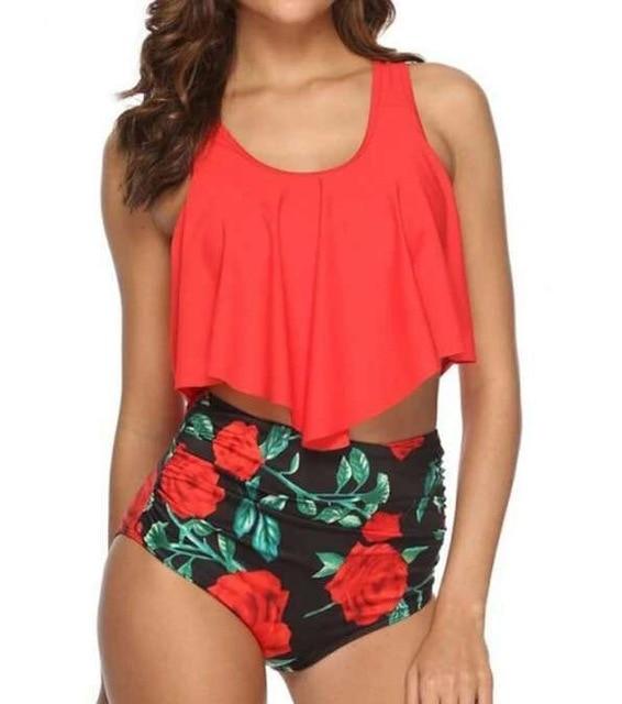 Stylish Elegant Women's High Waist Ruched Swimwear Plus Size