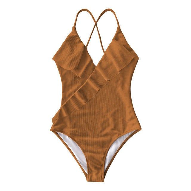 Sexy Ladies' V-neck Ruffle Monokini Swimsuit Solid Color