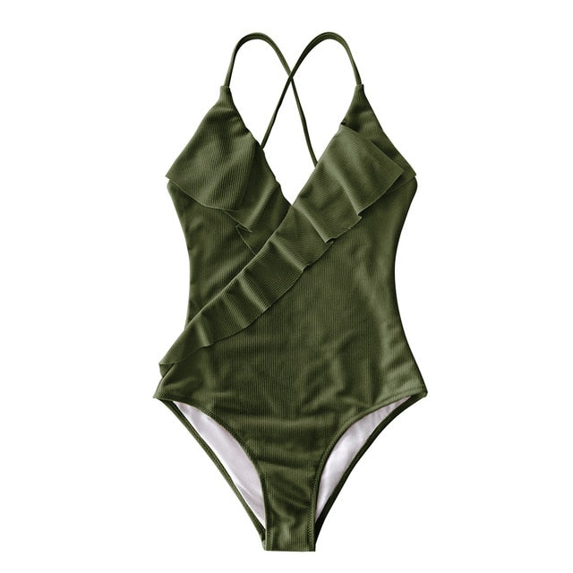 Sexy Ladies' V-neck Ruffle Monokini Swimsuit Solid Color