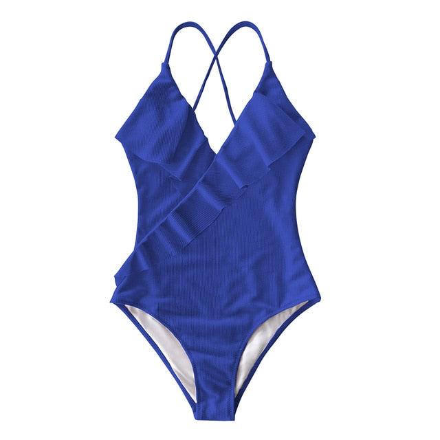 Sexy Ladies' V-neck Ruffle Monokini Swimsuit Solid Color