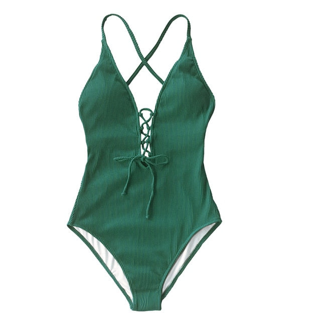 Sexy Women's Deep V-neck Backless Lace Up Swimsuit For Beach Bathing