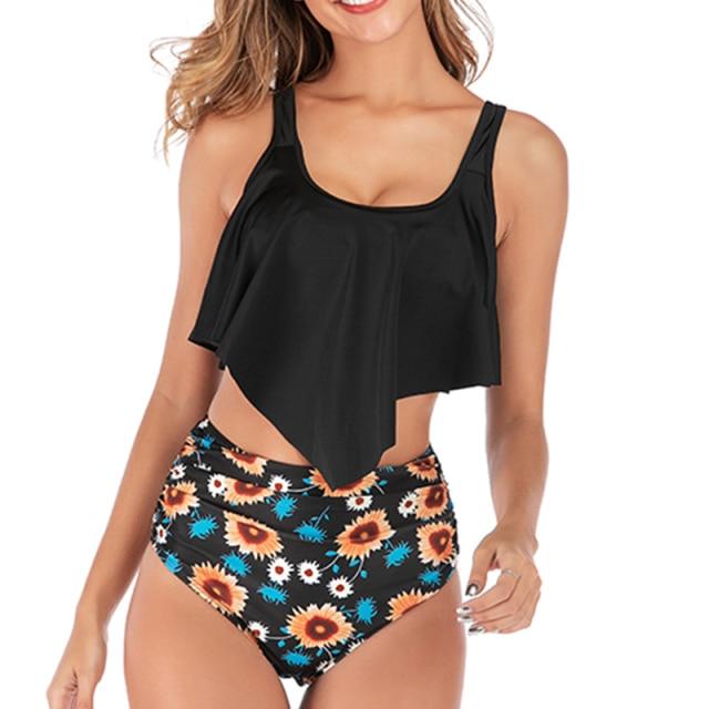 Stylish Elegant Women's High Waist Ruched Swimwear Plus Size