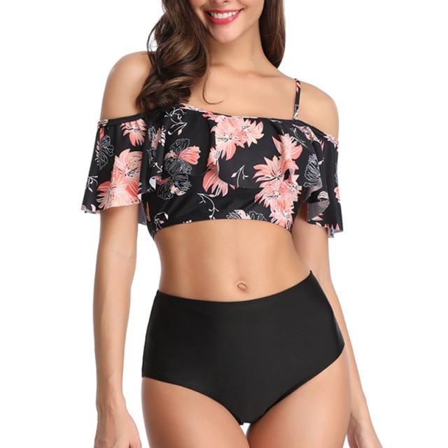 Stylish Elegant Women's High Waist Ruched Swimwear Plus Size