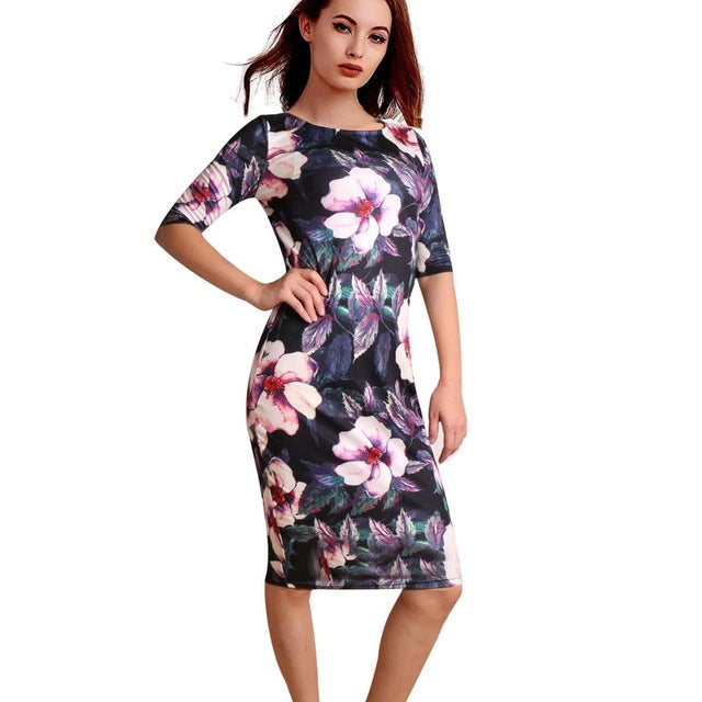 Elegant Floral Print Work Casual Party Dress - Sheseelady