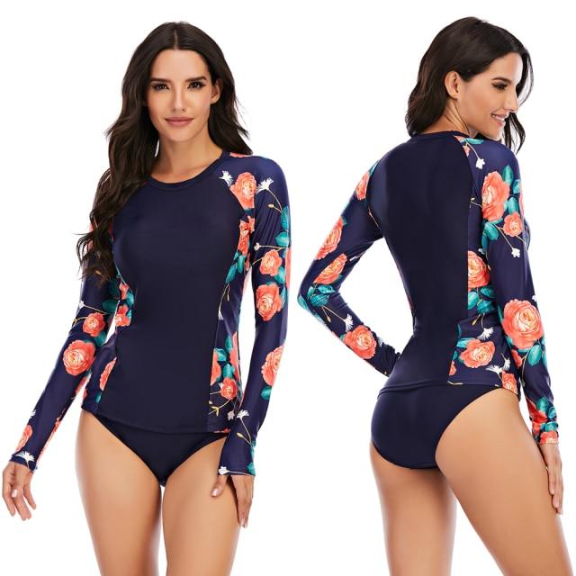 Stylish Ladies' Split Rash Guards With Long Sleeve & Shirt Thong Two Pieces