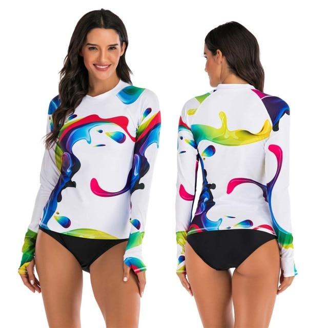 Stylish Ladies' Split Rash Guards With Long Sleeve & Shirt Thong Two Pieces