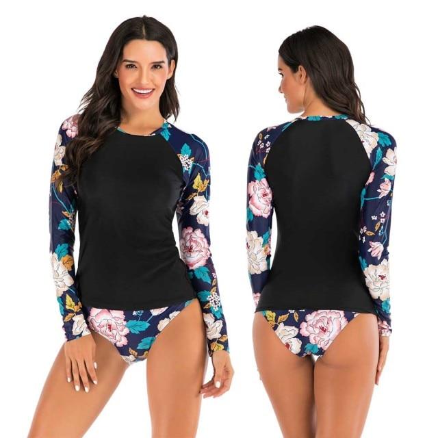 Stylish Ladies' Split Rash Guards With Long Sleeve & Shirt Thong Two Pieces