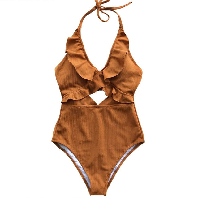 Sexy Ladies' V-neck Ruffle Monokini Swimsuit Solid Color
