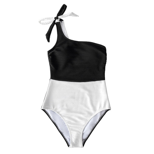 Women Swimsuit Tied Bow Beach Bathing Green and White Colorblock