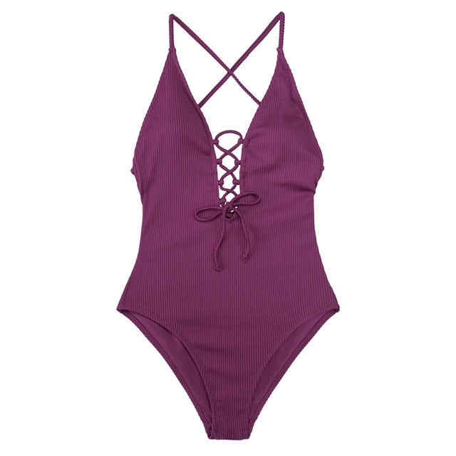 Sexy Women's Deep V-neck Backless Lace Up Swimsuit For Beach Bathing