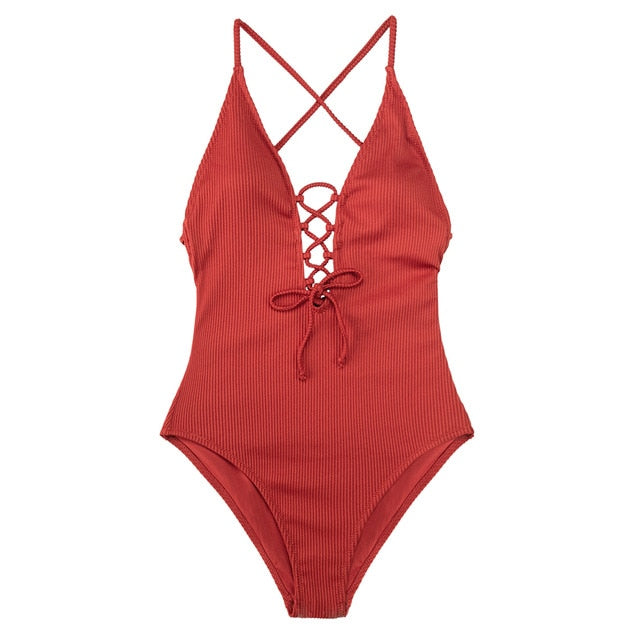 Sexy Women's Deep V-neck Backless Lace Up Swimsuit For Beach Bathing