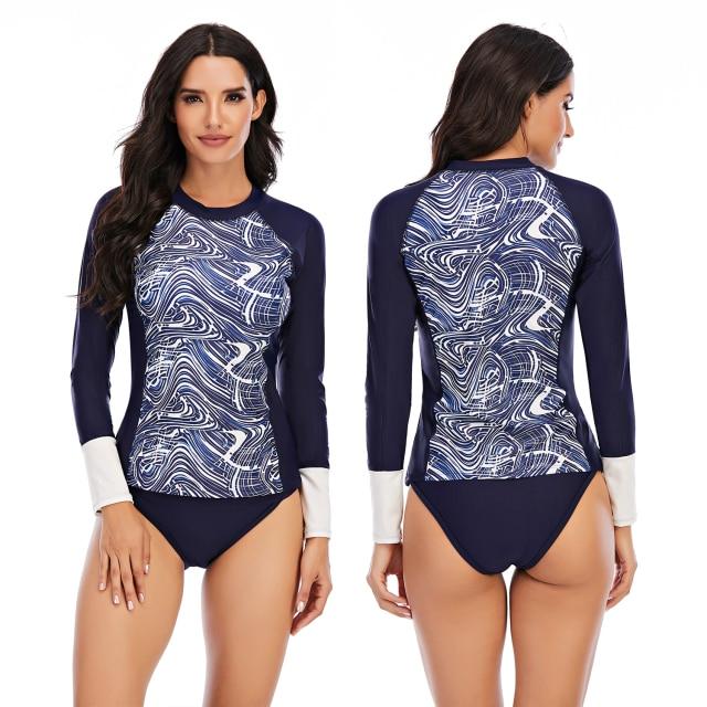Stylish Ladies' Split Rash Guards With Long Sleeve & Shirt Thong Two Pieces