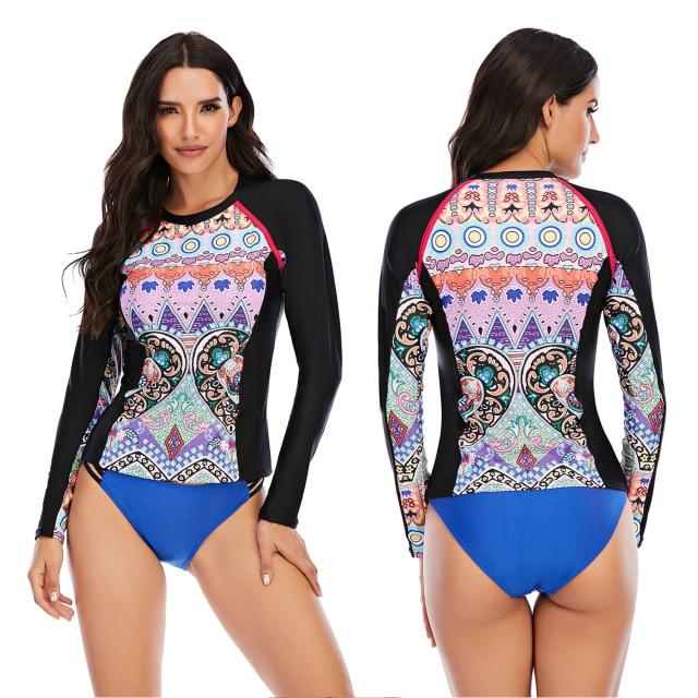 Stylish Ladies' Split Rash Guards With Long Sleeve & Shirt Thong Two Pieces