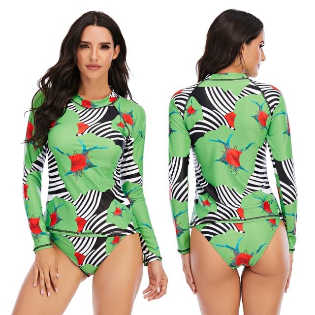 Stylish Ladies' Split Rash Guards With Long Sleeve & Shirt Thong Two Pieces