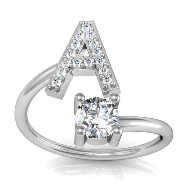 Fashion 26 Letters Silver Ring For Women Rhinestone Open Finger Rings Female Engagement Ring Jewelry Anel Party Gift - Sheseelady