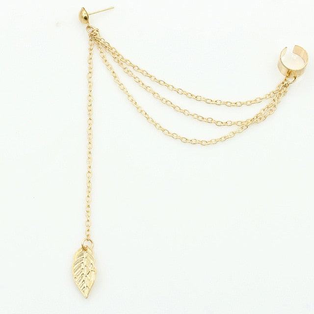 1Pc Little Gems Rhinestone Punk Rock Style Women Young Gift Leaf Chain Tassel Earrings Gold, Silver