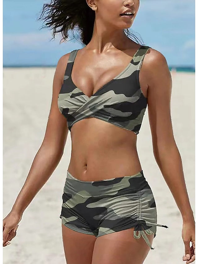 Women's Swimwear Bikini Plus Size Swimsuit 2 Piece Camouflage Black Army Green Red Blue Orange Bandeau Bathing Suits Sports Summer