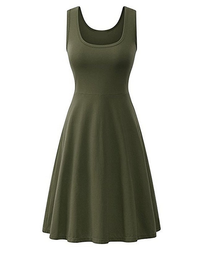 Fashion Sleeveless Pure Color Square Neck Weekend Casual Swing Dress For Womens
