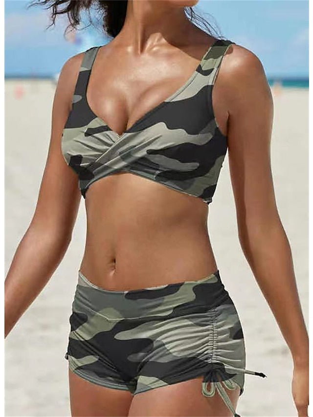 Women's Swimwear Bikini 2 Piece Plus Size Swimsuit Ruched Backless 2 Piece Open Back Slim Tie Dye Camo Blue Wine Army Green Black Padded V Wire Bathing Suits New Vacation Fashion / Sexy / Colorful