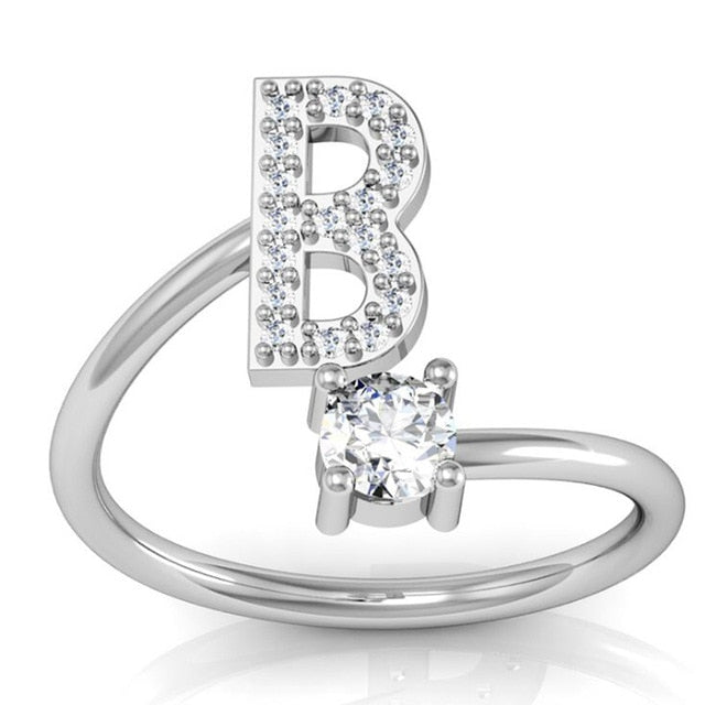 Fashion 26 Letters Silver Ring For Women Rhinestone Open Finger Rings Female Engagement Ring Jewelry Anel Party Gift - Sheseelady