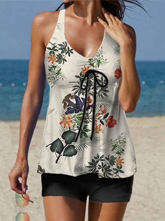 Women's Swimwear Tankini 2 Piece Normal Swimsuit Printing Flower Beige Vest V Wire Bathing Suits Sports Vacation Fashion / Sexy / Modern / New / Padded Bras