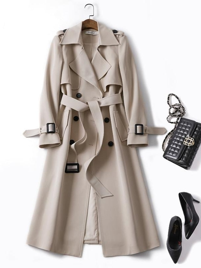 Women's Trench Coat Fall Double Breasted Lapel Long Coat with Belt Winter Warm Windproof Jacket with Pockets Maillard