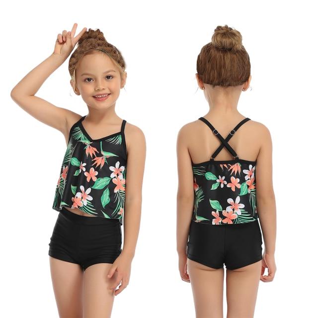 Stylish Girls' Sleeveless Floral Print Swimsuit Two Pieces