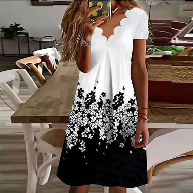 Women's Casual Dress Shift Dress Floral Dress Mini Dress Black And White Black White Short Sleeve Floral Print Summer Spring Scalloped Neck Fashion Vacation Print Dresses