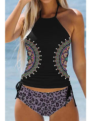 Women's Swimwear Tankini 2 Piece Plus Size Swimsuit Ruched string Print Leopard Geometic Black Halter Bathing Suits New Casual Vacation / Vintage / Padded Bras