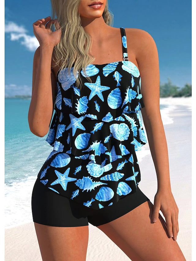 Women's Swimwear Tankini 2 Piece Normal Swimsuit 2 Piece Layered Printing Palm Tree Black White Blue Rainbow Tank Top Bathing Suits Sports Beach Wear Summer