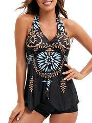 Women's Swimwear Tankini 2 Piece Plus Size Swimsuit Open Back for Big Busts Print Floral Black Halter V Wire Bathing Suits New Vacation Fashion / Modern / Padded Bras