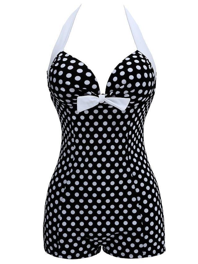Women's Swimwear One Piece Monokini Bathing Suits Plus Size Swimsuit Tummy Control Open Back Printing for Big Busts Polka Dot Rose Black Blue Red V Wire Bathing Suits New Vacation Fashion / Modern