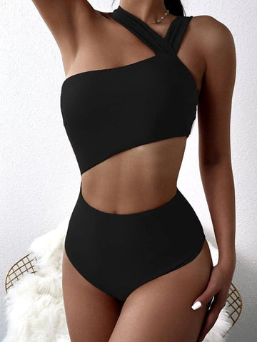 Women's Swimwear One Piece Normal Swimsuit Cut Out High Waisted Solid Color Coffee color Black White Red Purple Bodysuit Bathing Suits Sports Beach Wear Summer