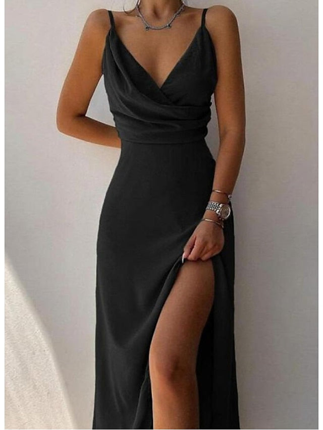 Women‘s Party Dress A Line Dress Slip Dress Black Sleeveless Pure Color Ruched Spring Summer V Neck Spaghetti Strap Party Sexy Slim