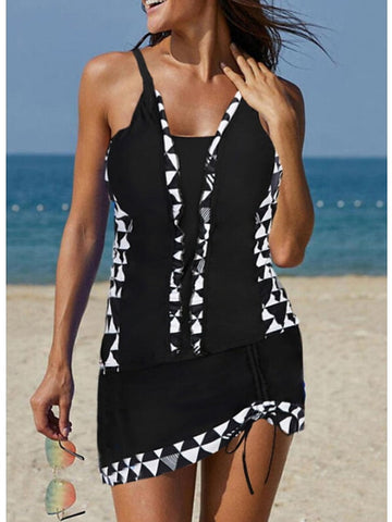 Women's Swimwear Tankini 2 Piece Normal Swimsuit High Waisted Geometic Black Padded V Wire Bathing Suits Sports Vacation Sexy / Strap / New / Strap