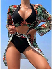 Women's Swimwear Bikini Cover Up Normal Swimsuit 3-Piece Printing Floral Black Navy Blue Orange Green Rose Red Bathing Suits Sports Beach Wear Summer