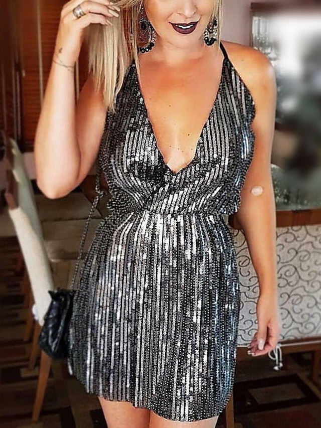 Women's Party Dress Sequin Dress Black Dress Mini Dress Black Sleeveless Pure Color Sequins Summer Spring Fall Halter Party Birthday Vacation Summer Dress